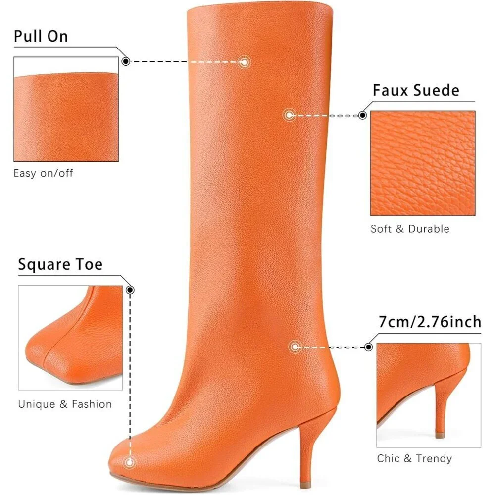Women's Orange Lychee Wide Calf Square Toe Stiletto Heels Knee High Suede Boots